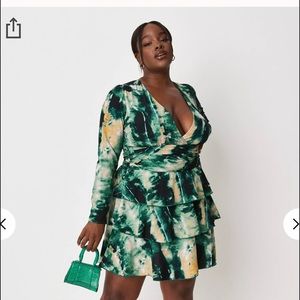 Plus Size Green Tie Dye Ruffle Wrap Mini Dress